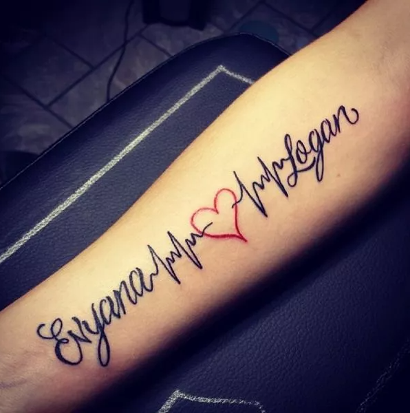 Heart beat name tattoo