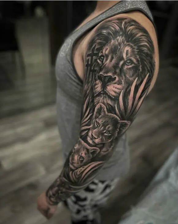 queen lioness and cub tattoo  with black ink